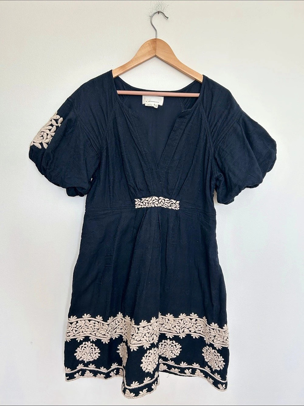 Anthropologie Floral Embroidered Mini Dress in Black Size 14
